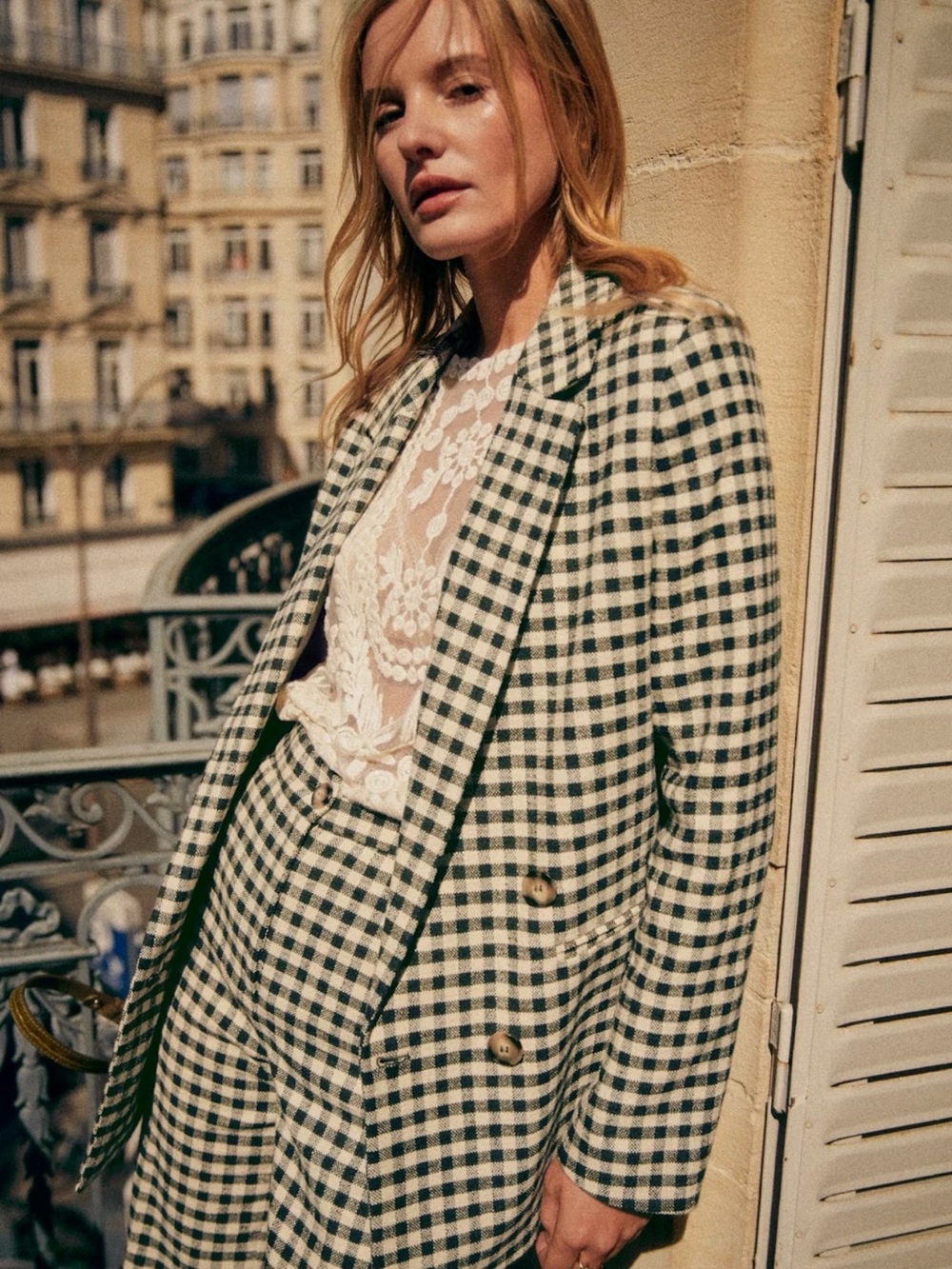 🌿NWT - Sezane Chelsea Gingham Blazer in Ecru & Khaki - size US 4
